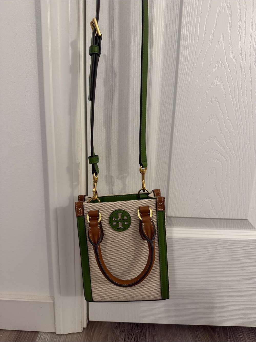 Tory Burch Green Trim Canvas Mini Blake Crossbody Purse - Picture 3 of 8